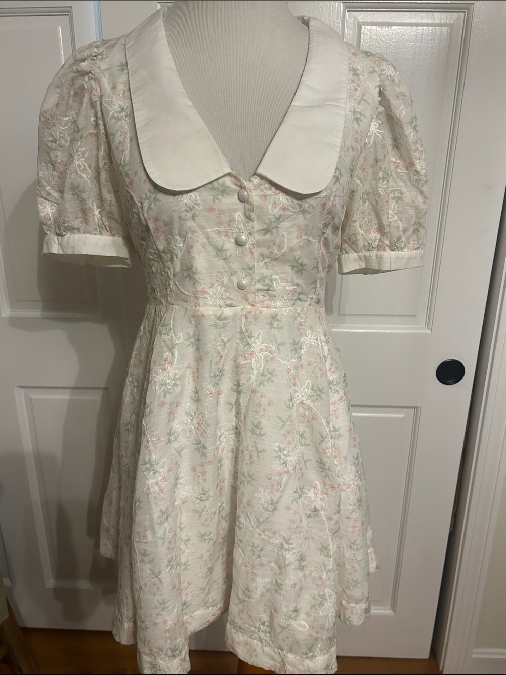 Mable Coquette Floral embroidered Puff-Sleeve Mini Dress w/ Peter Pan Collar.